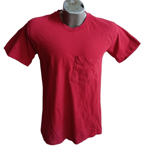 SMALL Vintage 1990's Mens Tee Medium RED POCKET T-shirt FRUIT LOOM FTL USA - Picture 1 of 6
